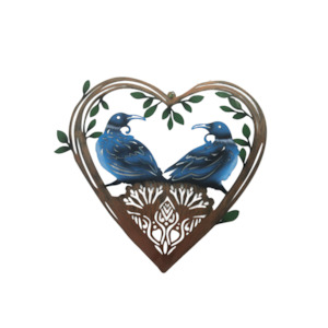 Gifts Under 50: Pair of Tuis in Heart Metal Art Wall Hanging - bronze/blue