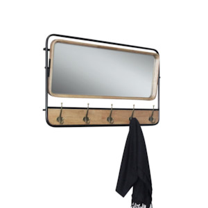 Wooden Wall Hanging Mirror with Hooks - natural/black