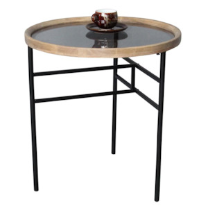 Wooden and Metal Round Side Table - natural/black