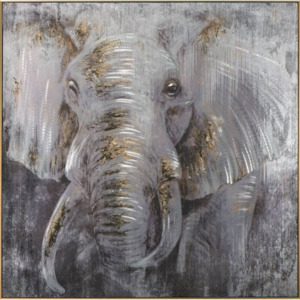 Mothers Day Gifts: Elephant Canvas Wall Art Hand Painting in Gold Frame - Grey/Gold