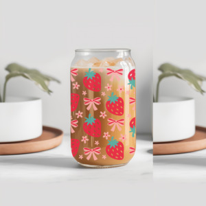 Merch: Coquette Pink Bow & Strawberry Glass Tumbler