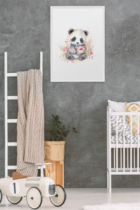 Wall Art Kids Room Decor - Watercolor Panda & Flowers - Digital Download