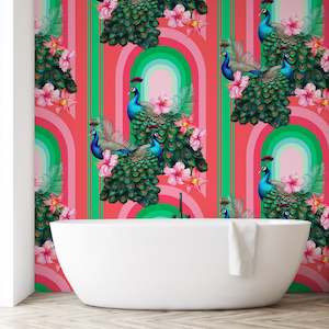 Bathroom Peel Stick: Peacocks in Miami Removable Bathroom Wallpaper