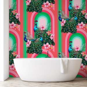 Bathroom Peel Stick: Peacocks in Miami Removable Bathroom Wallpaper