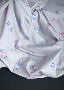 Jersey Knit: Robots, Space Grey. Organic Cotton Jersey