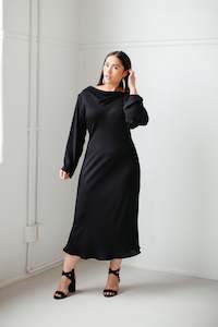 Dress: Toa – Long Sleeve Cowl Neck Dress in Black