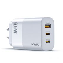 Vfan 65W 3-Ports GaN Ultra Fast Charger 2X USB-C & 1X USB-A AU7