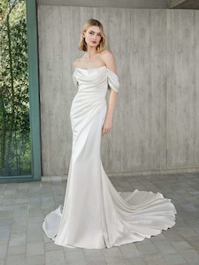 Products: Chic Satin Mermaid Wedding Gown with Off-the-Shoulder ( WITH OUT LONG BEAD SLEEVE)