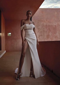 Bardot Neckline Mermaid Crepe Wedding Gown