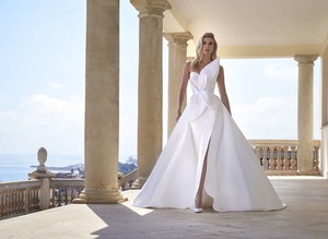 Products: Chic Strapless Column Wedding Gown with Bow and Detachable Skirt