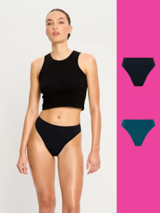 Moderate Absorbency: Seamfree Hi Waist Cheeky Black & Thong Teale Blue 2 Pack