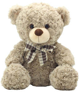 Cuddly fluffy brown Teddy bear - with a cute tartan bow