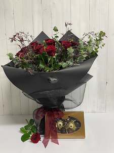Gifts For Her: Dramatic Dozen Red Roses with Van H chocolates