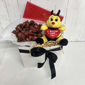 The cutest Buzzin' Love bundle with houseplant and chocolates