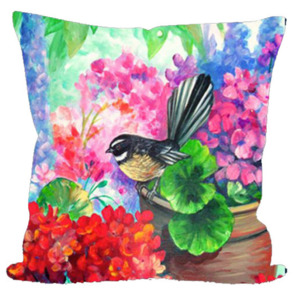 NZ Artwork Cushion Cover - Fantail on Garden Pot