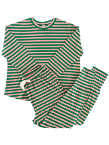 Sale: Organic Womens PJ Set | Kelly Green + Bubblegum Stripe