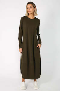 gains long sleeve spin dress / khaki|ecru stripe