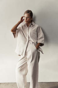 Denim: tabard short sleeve shacket / pink chalk