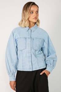 Denim: respite crop denim jacket / faded blue denim