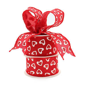 Fine Linen Hearts Ribbon Woven Edge 63mmx9m - Red/White