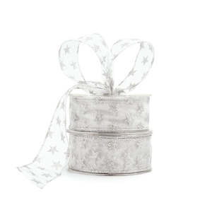 Oceans Ribbons Decorative Fabric Ribbon: Organza Glitter Star Ribbon Wire Edge 38mmx20m - White/Silver