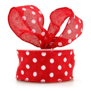 Artificial Jute Printed Dots Ribbon Wire Edge 50mmx10m - Red