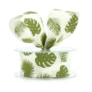Oceans Ribbons Decorative Fabric Ribbon: Polyester Leaf Motif Ribbon Cut Edge 38mmx20m - White/Green