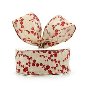 Jute Berry Ribbon Wire Edge 38mmx10m - Red/Natural