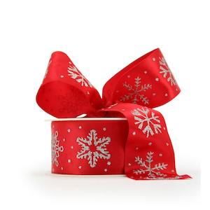 Oceans Ribbons Decorative Fabric Ribbon: Satin Snowflake Ribbon 38mmx10m - Red/Silver