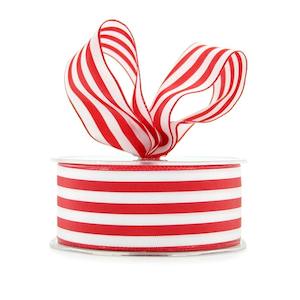 Oceans Ribbons Decorative Fabric Ribbon: Nylon Stripe Ribbon Wire Edge 38mmx25m - White/Red