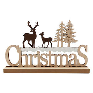 Christmas: Nordic Wooden Xmas Reindeer & Trees Stand 24Lx4Wx15Hcm - Multi