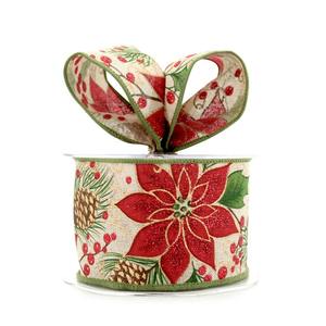 Oceans Ribbons Decorative Fabric Ribbon: Jute Xmas Poinsettia Ribbon Wire Edge 60mmx10m - Cream/Red