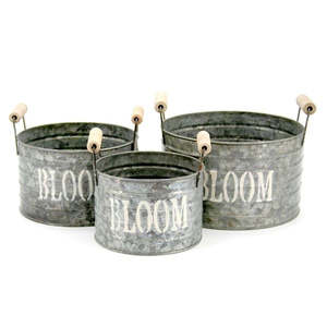 Oceans Tinware: Tin Round “Blooming Right” Bucket w/Handles Set/3 19Diax11Hcm - Grey