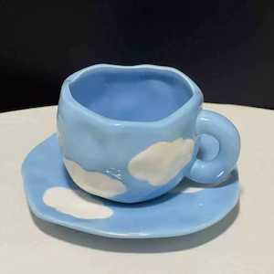 Artistic Homeware: Handmade clay mug - Sky with saucer