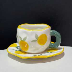 Handmade Clay Mug - Lemon with saucer