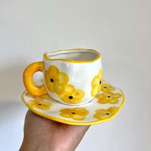 Handmade Clay Mug - Yellow petals with saucer