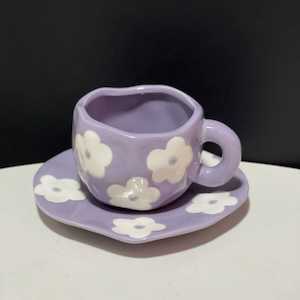 Artistic Homeware: Handmade Clay Mug - Purple flowers with saucer