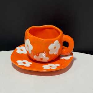 Handmade Clay Mug - Salmon flowers with saucer