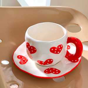 Artistic Homeware: Handmade Clay Mug - Red Heart with saucer