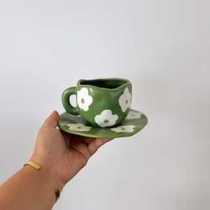 Handmade clay mug - Green petals with saucer