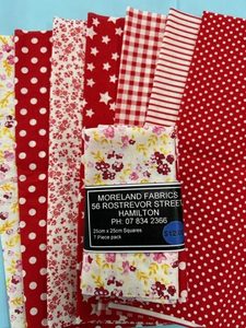 Products: 100% Craft Cotton – Quarters (4) Red – 25cm x 25cm – 7 Piece Quarter Packs 100% Cotton – – Moreland Fabrics