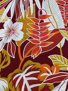 Products: IP65 – Island Prints – Orange, Maroon, White, Tan on Dark Maroon – 1.15cm wide – 65% Polyester / 35% Cotton – pm – Special $5.00 per mtr – Moreland Fabrics