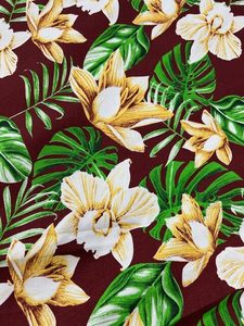 Products: IP75- Island Prints – Large Cream / Tan Orchid Flowers on a Rich Brown – 1.15cm wide – 65% Polyester / 35% Cotton – pm – Special $5.00 per mtr – Moreland Fabrics