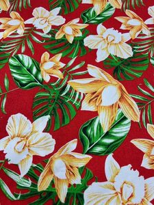 Products: IP77 – Island Prints – Large Apricot Orchid Flowers on Deep Red – 1.15cm wide – 65% Polyester / 35% Cotton – pm – Special $5.00 per mtr – Moreland Fabrics