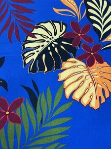 Products: IP82 Island Prints – Large Floating Leaves – Orange, Lemon, Black, Green and Maroon on Royal Blue – 1.15cm wide – 65% Polyester / 35% Cotton – pm – Special $5.00 pm – Moreland Fabrics