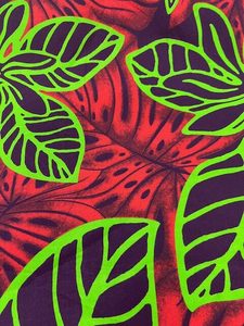Products: IP83 – Island Prints – Large Fluro Green and Purple flowers on Red Leaves – 1.15cm wide – 65% Polyester / 35% Cotton – per mtr – Special $5.00 per mtr – Moreland Fabrics