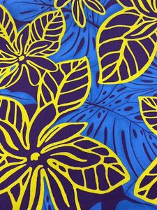 Products: IP84 – Island Prints – Large Yellow / Purple Flowers on Blue Leaves – 65% Polyester / 35% Cotton – 1.15cm wide – pm – Special $5.00 per mtr – Moreland Fabrics