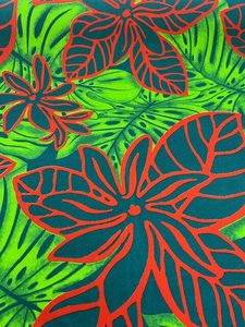 Products: IP85 – Island Prints – Large Red and Teal flowers on Fluro Green Leaves – 1.15cm wide – 65% Polyester / 35% Cotton – pm – Special $5.00 pm – Moreland Fabrics