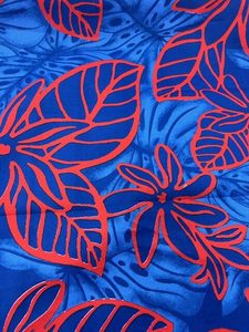 Products: IP87 – Island Prints – Large Red and Royal Flowers on Blue Leaves – 1.15cm wide – 65% Polyester / 35% Cotton – per mtr – Special $5.00 per mtr – Moreland Fabrics