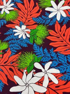 Products: IP88 – Island Prints – Vibrant Orange, White, Fluro Green and Rich Blue on Brown – 65% Polyester / 35% Cotton – 1.15cm wide – per mtr – Special $5.00 pm – Moreland Fabrics